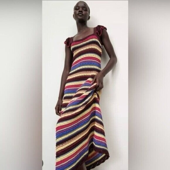 NWT Women's Zara Special Edition Crochet Knit Striped Maxi Dress SIZE M - Picture 6 of 6